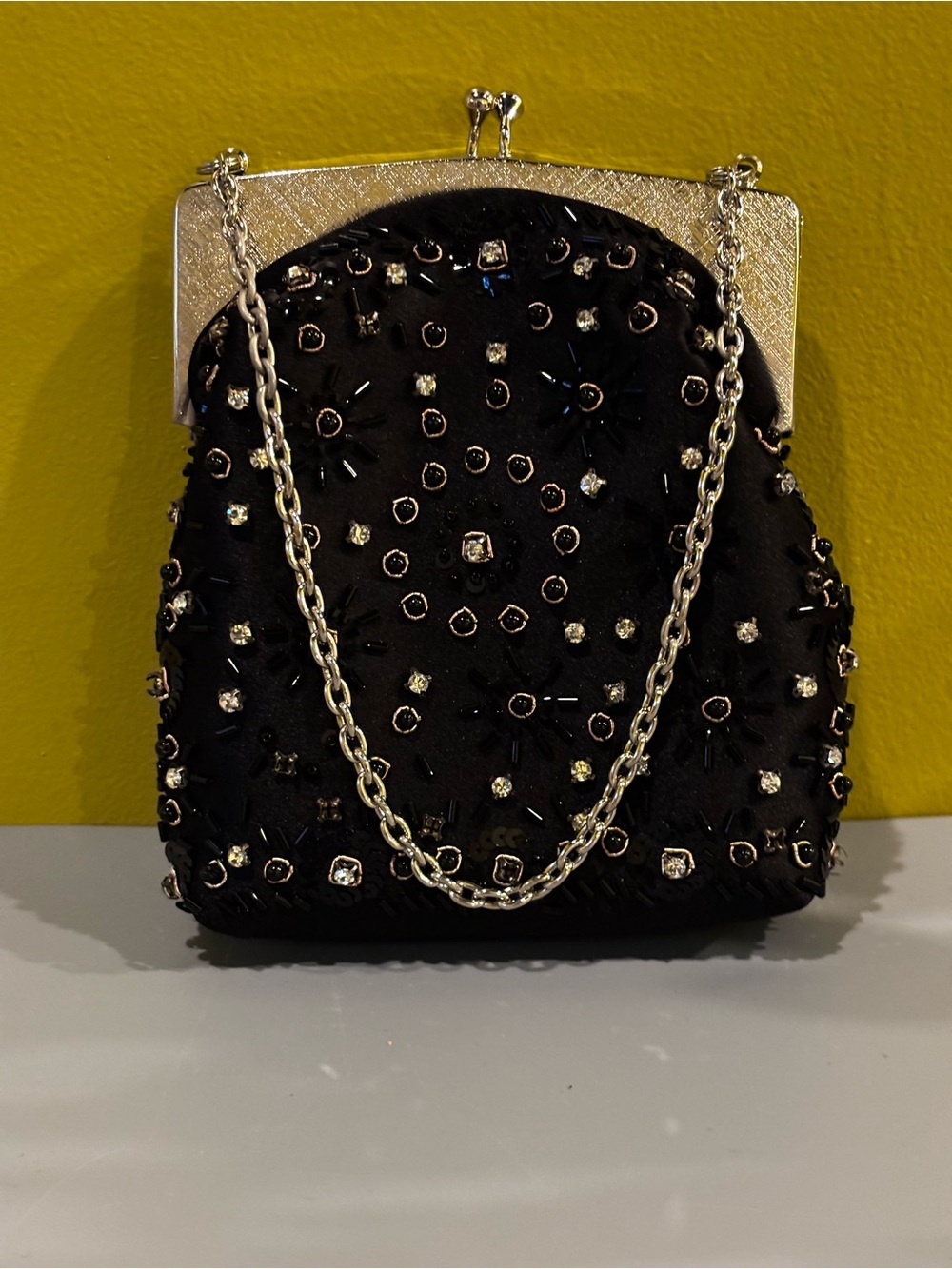 Beaded Black Evening Clutch with Silver Chain0341